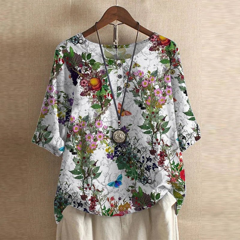 Plus Size Floral Blouse Short Sleeve Relaxed Fit Vintage - White Flowers