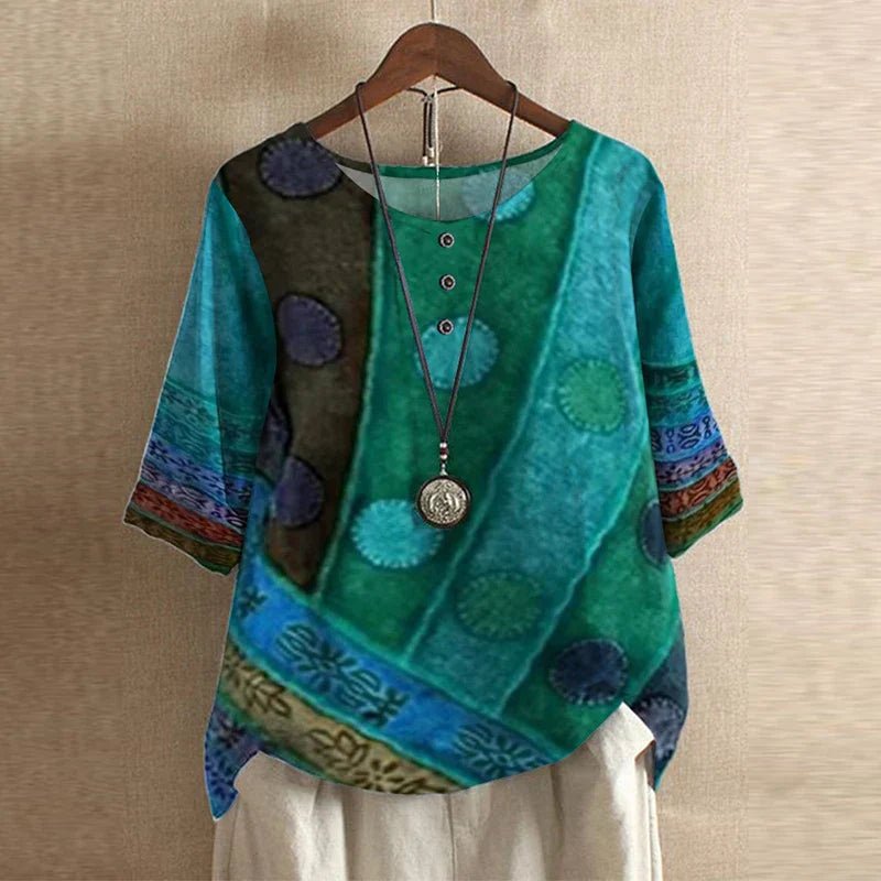 Plus Size Floral Blouse Short Sleeve Relaxed Fit Vintage - Blue/Green