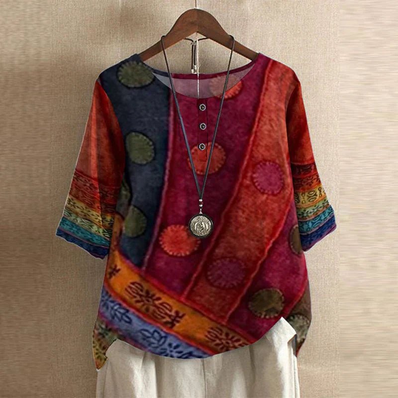Plus Size Floral Blouse Short Sleeve Relaxed Fit Vintage - Red