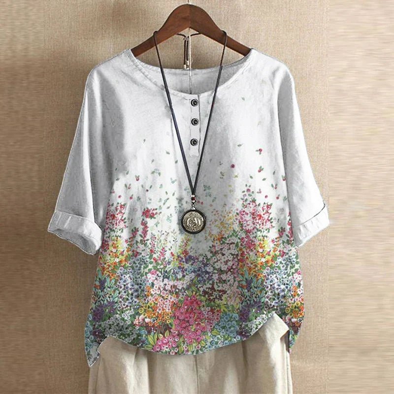 Plus Size Floral Blouse Short Sleeve Relaxed Fit Vintage - White