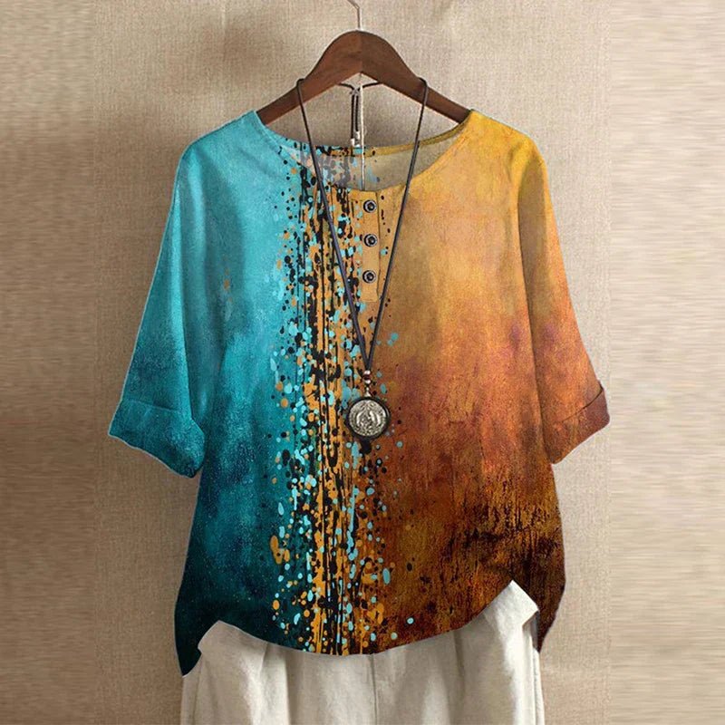 Plus Size Floral Blouse Short Sleeve Relaxed Fit Vintage - Blue/Orange