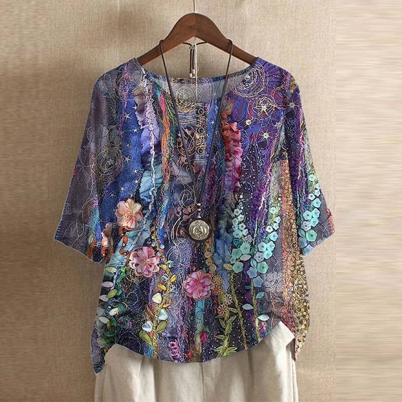 Plus Size Floral Blouse Short Sleeve Relaxed Fit Vintage - Violet