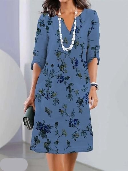 Plus Size Floral Midi Dress Round Neck Short Sleeve A-Line - Blue