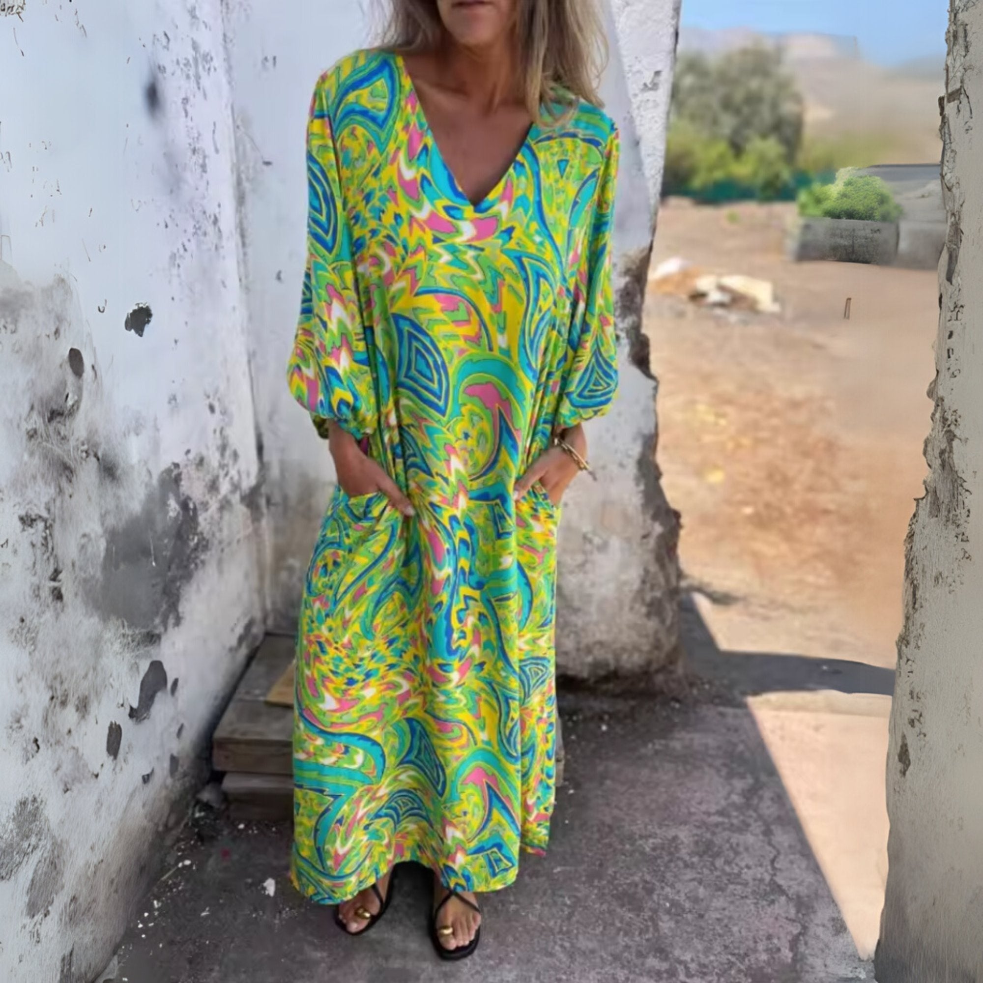 Plus Size Maxi Dress V-Neck Long Sleeve Leopard Print Casual - Multi Color Green