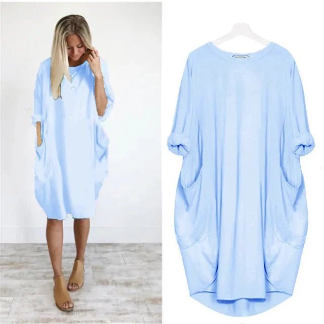 Plus Size Midi Dress with Pockets Oversized Casual Comfort - Light Blue