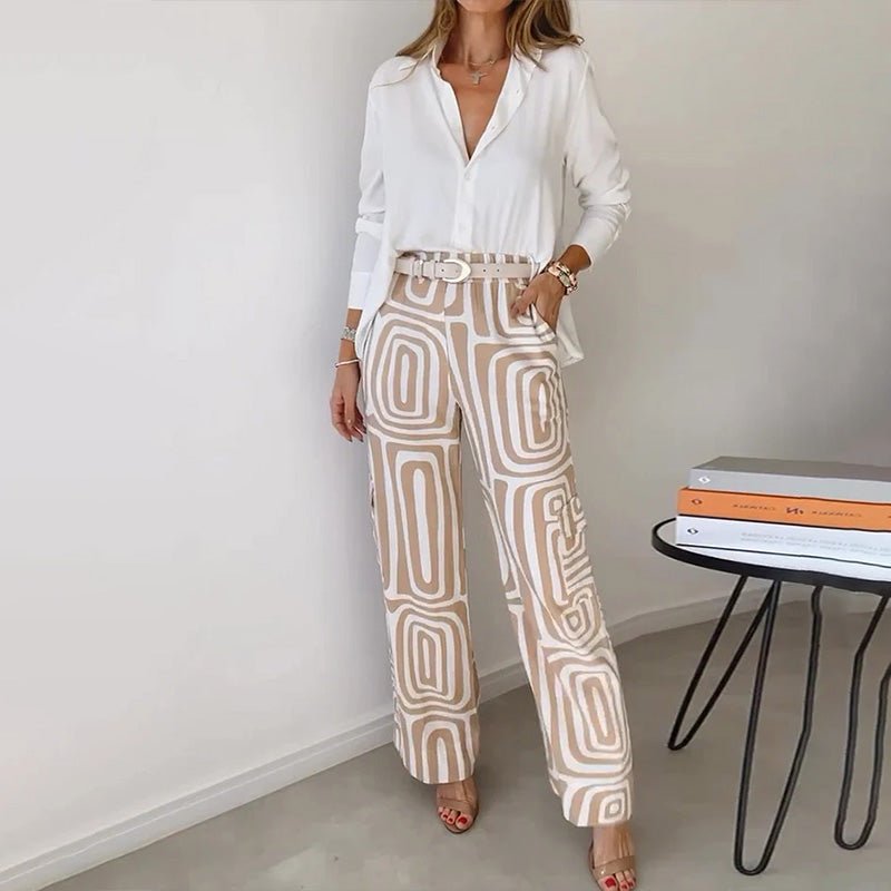 Plus Size Two Piece Set Button Up Shirt Wide Leg Pants - Khaki