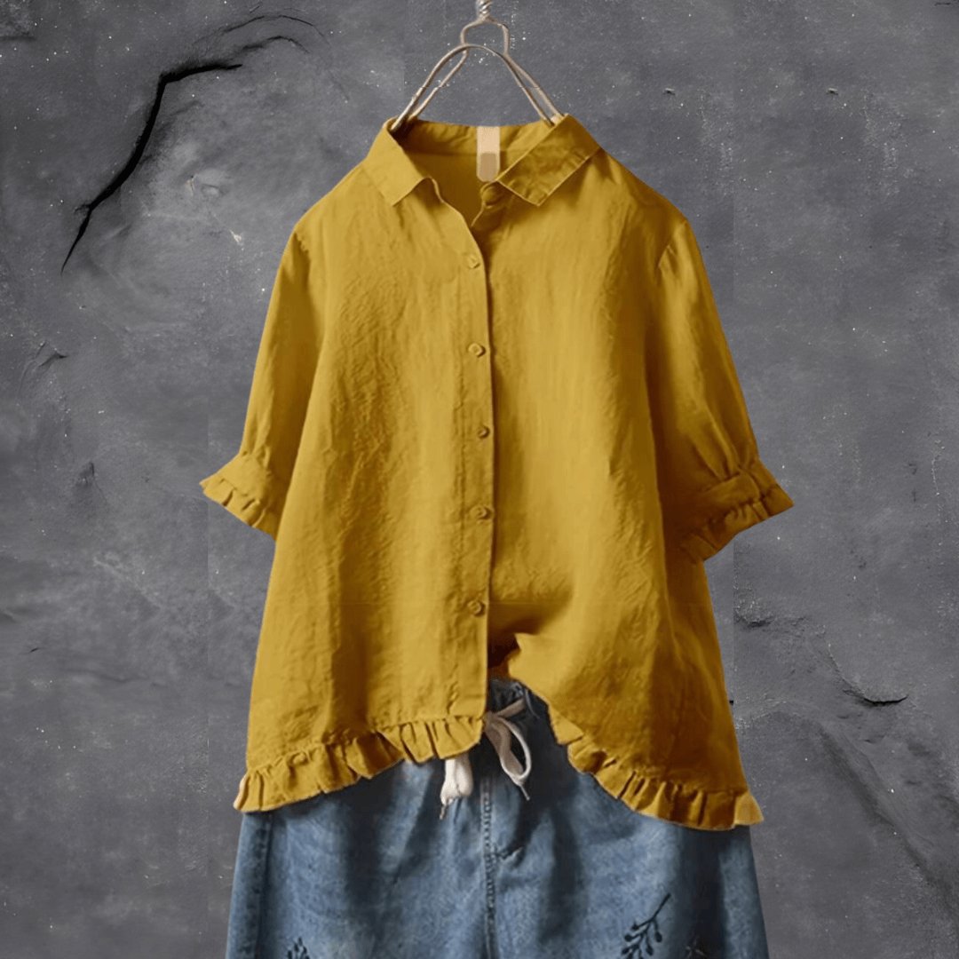 Plus Size Women's Blouse Button Front Collared Ruffle Hem - Yellow