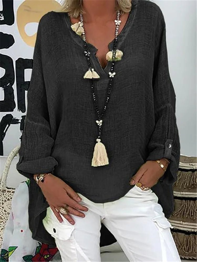 Plus Size Women's V-Neck Blouse Long Sleeve Relaxed Fit - Black