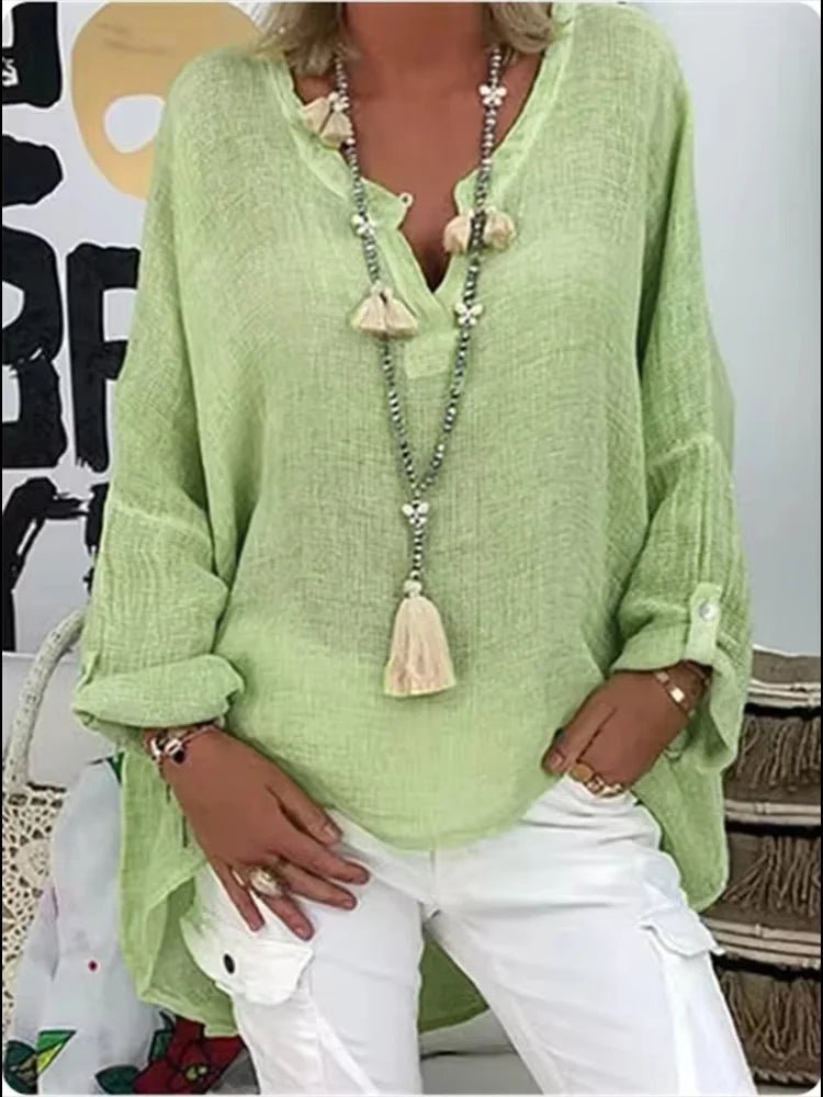 Plus Size Women's V-Neck Blouse Long Sleeve Relaxed Fit - Green