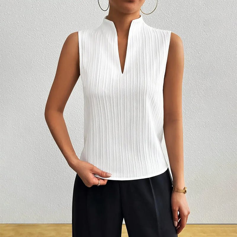 Sleeveless Striped V-Neck Blouse Stand Collar - White