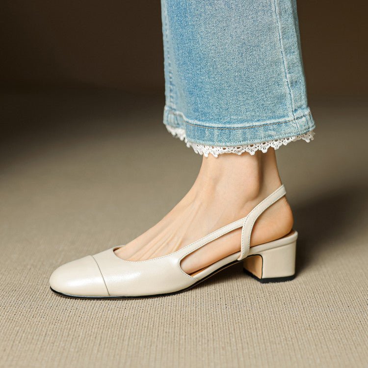 Slingback Pumps Genuine Leather Almond Toe Block Heel - Beige