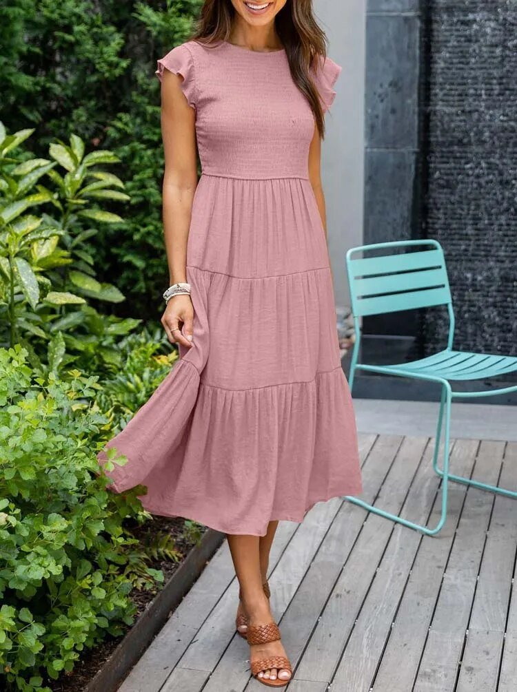 Tiered Maxi Dress Cap Sleeve Tummy Control - Pink