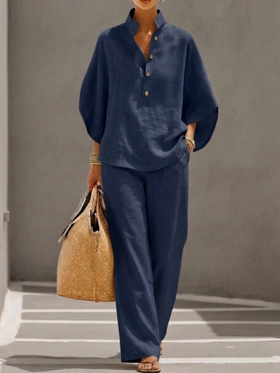 Two Piece Set Batwing Top Wide Leg Pants Elastic Waist - Navy
