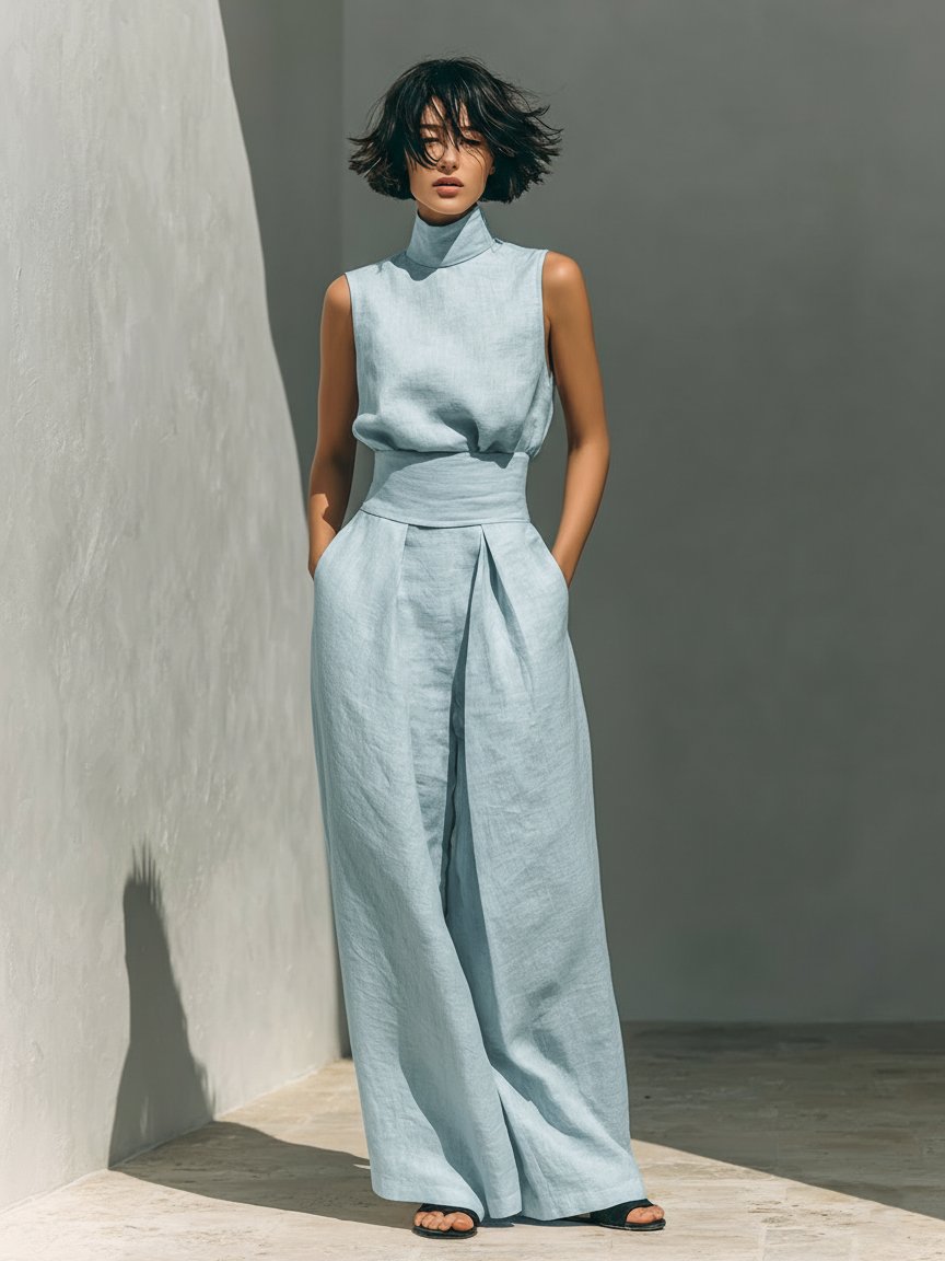 Two Piece Set Sleeveless Top Wide Leg Pants Linen - Hellblau