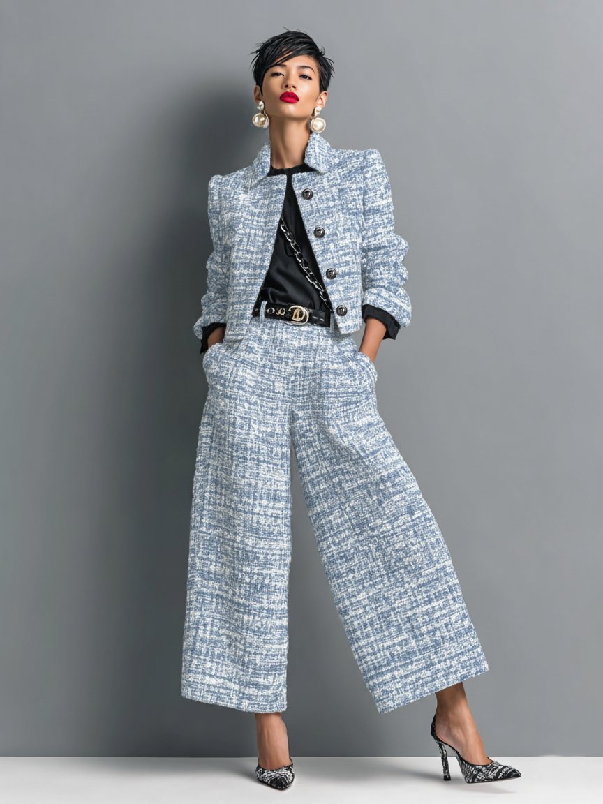 Two Piece Tweed Set Cropped Jacket Wide Leg Pants - Blau