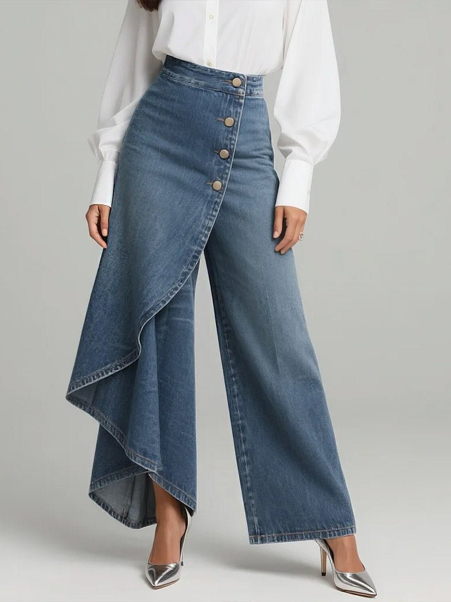 Wide Leg Denim Pants High-Waisted Button Front Relaxed Fit - Blau