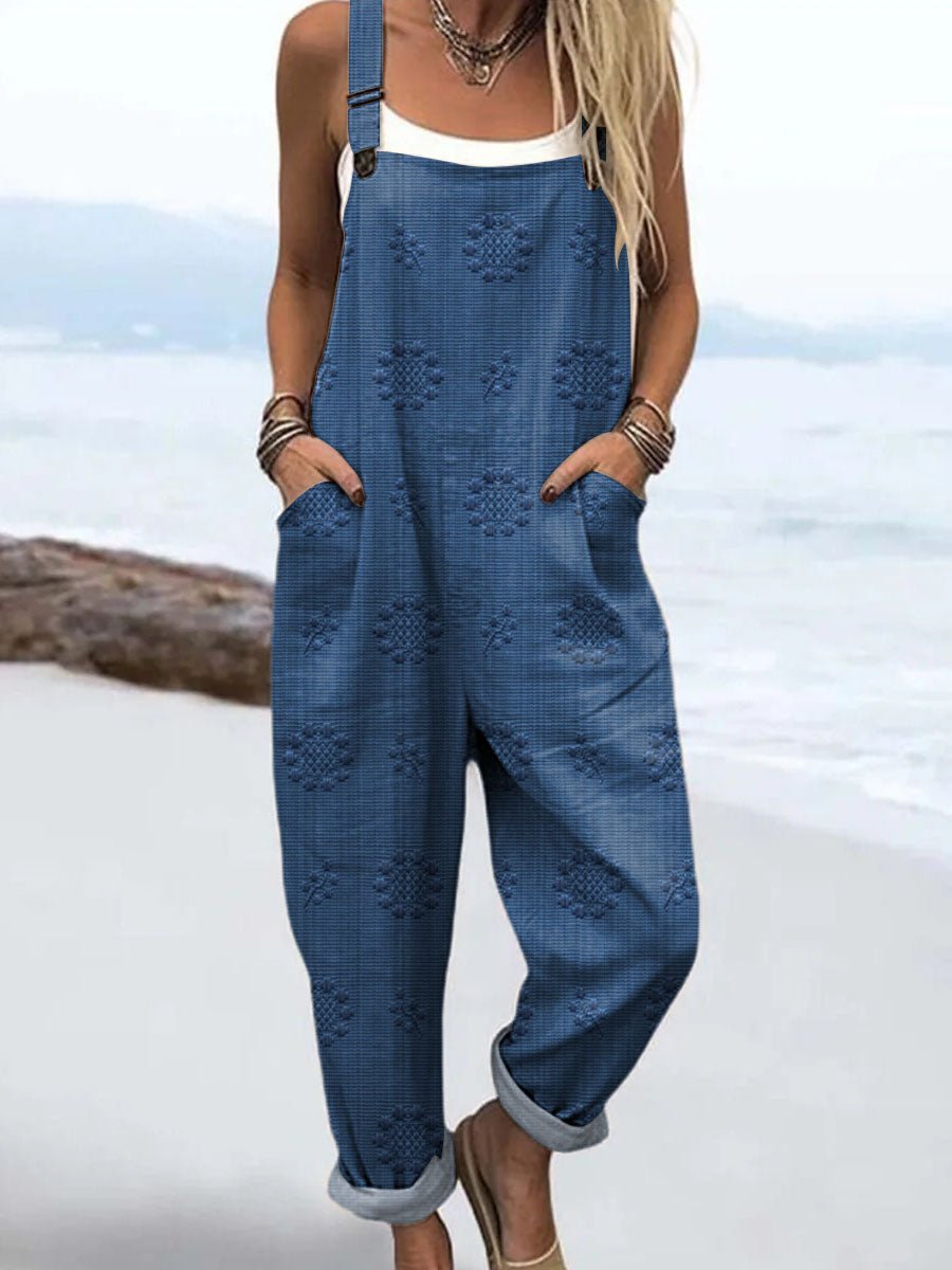 Wide Leg Jumpsuit Adjustable Straps Relaxed Fit Pockets - Blue