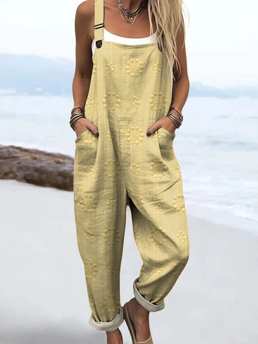 Wide Leg Jumpsuit Adjustable Straps Relaxed Fit Pockets - LightYellow