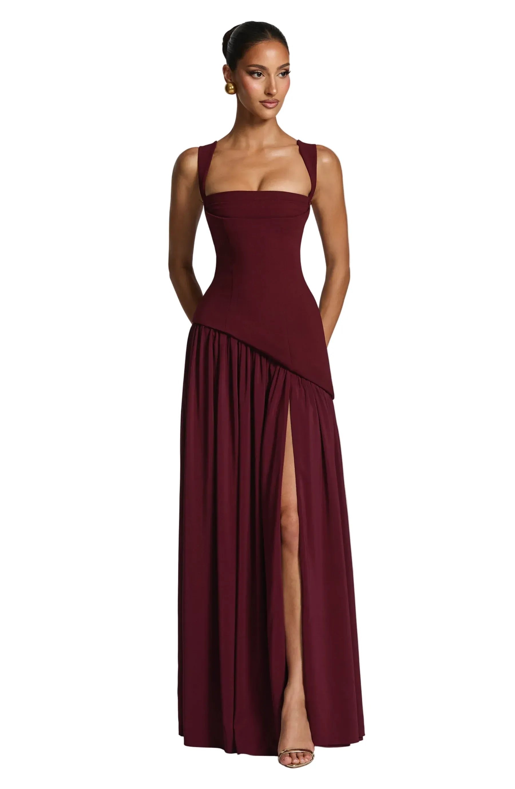 Women's A-Line Sleeveless Fitted-Waist Maxi Dress - Burgundy