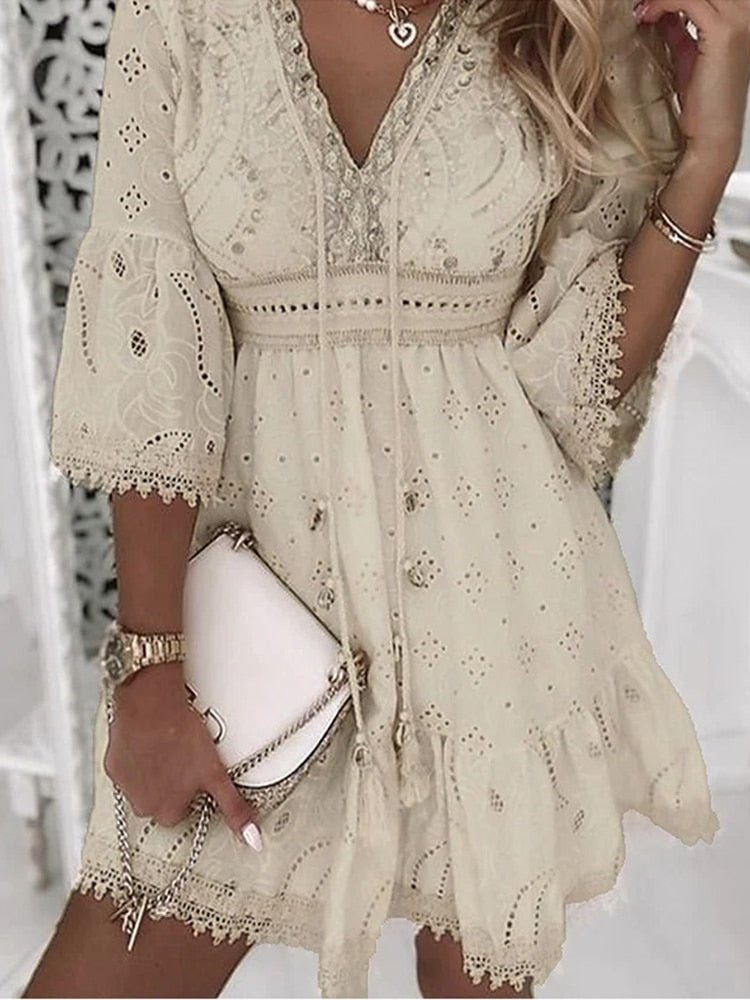 Women's Boho Mini Dress V-Neck Bell Sleeves Eyelet Lace - Beige