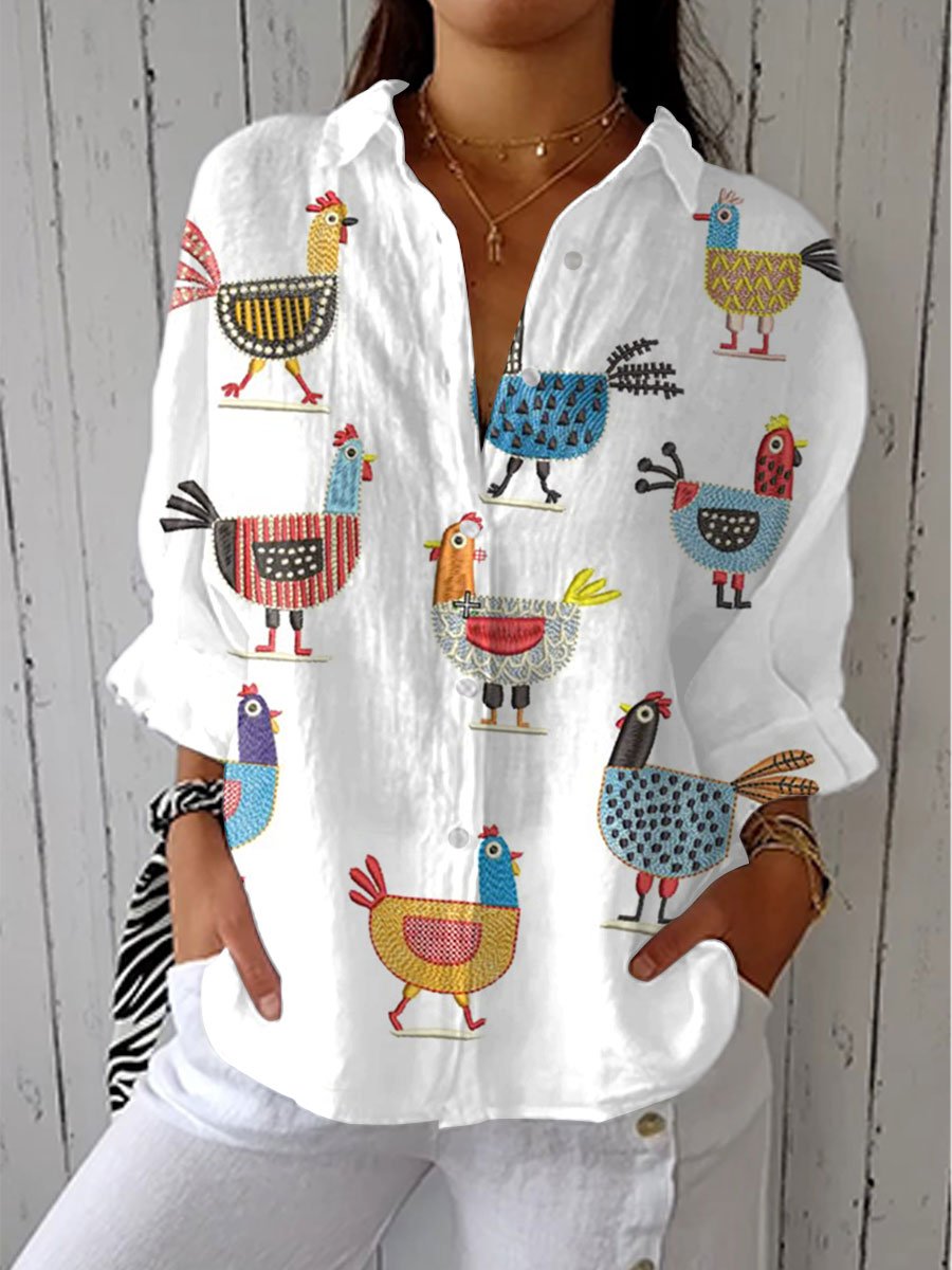 Women's Button-Front Blouse Colorful Hen Print - Multicolor