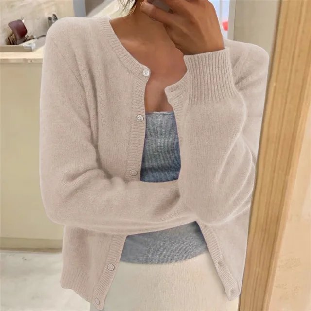 Women's Button Front Cardigan Cropped Relaxed Fit - Beige