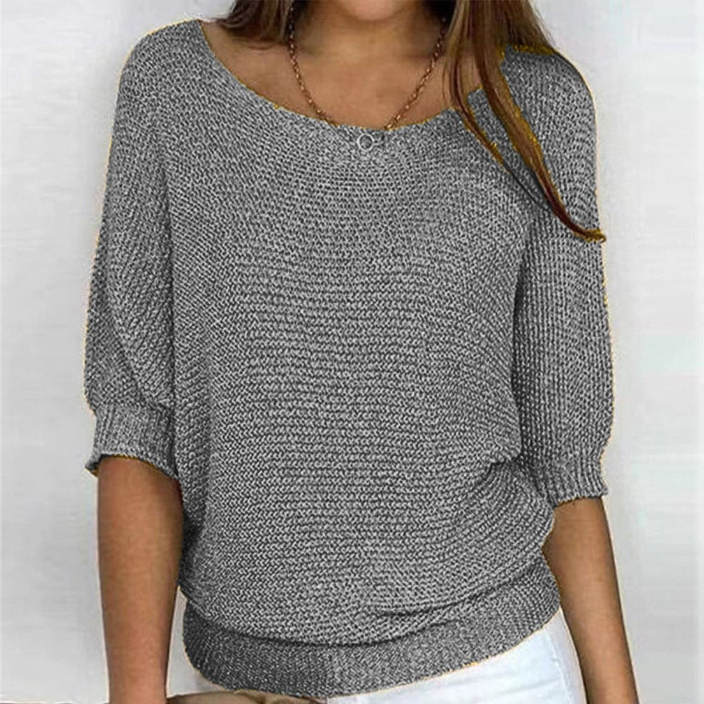 Women's Cotton Blend 3/4 Sleeve Sweater Oversized Knit - Gray