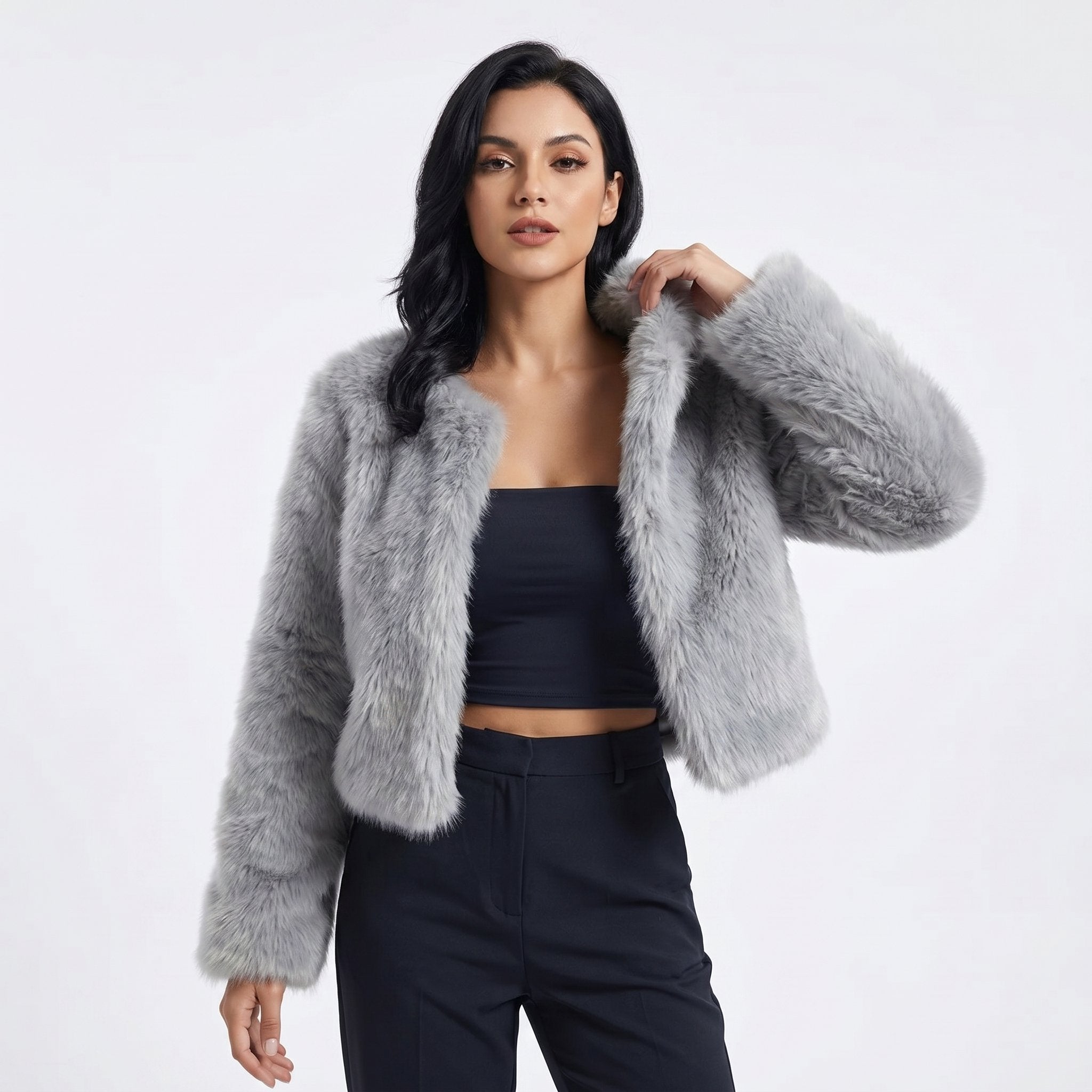 Women's Cropped Faux Fur Cardigan Jacket - Grey