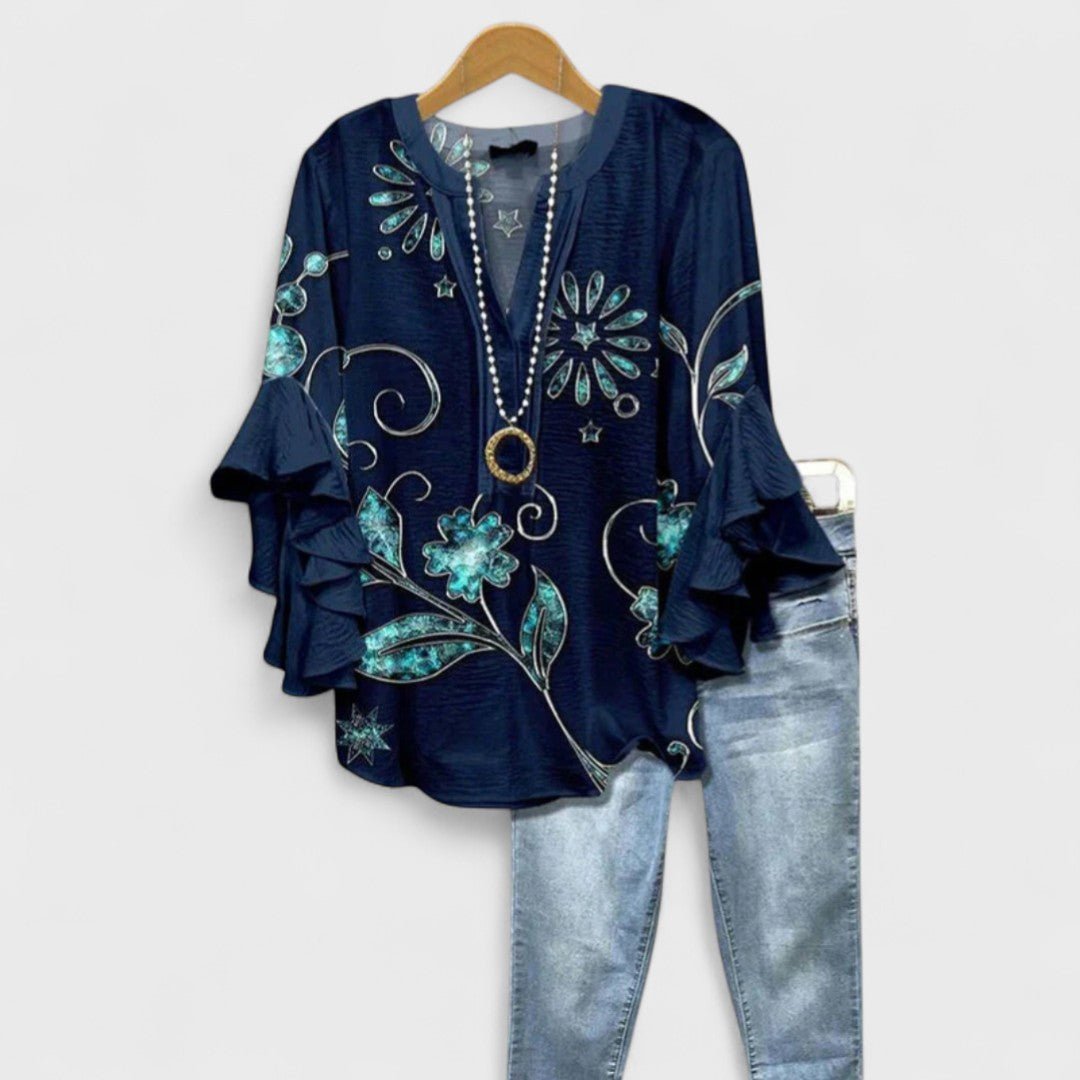 Women's Floral Blouse Ruffle Sleeves V-Neck Casual - Dark Blue