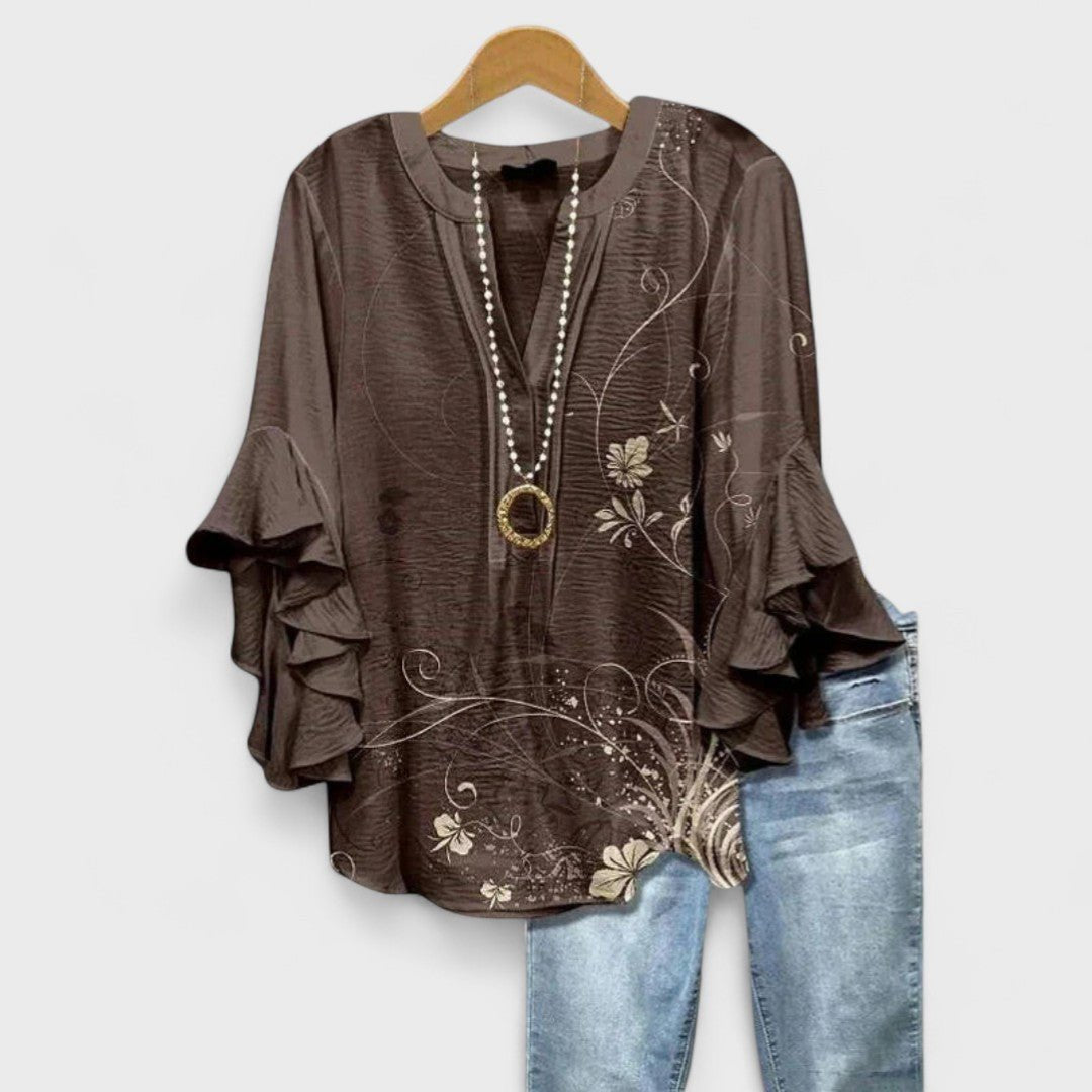 Women's Floral Blouse Ruffle Sleeves V-Neck Casual - Brown