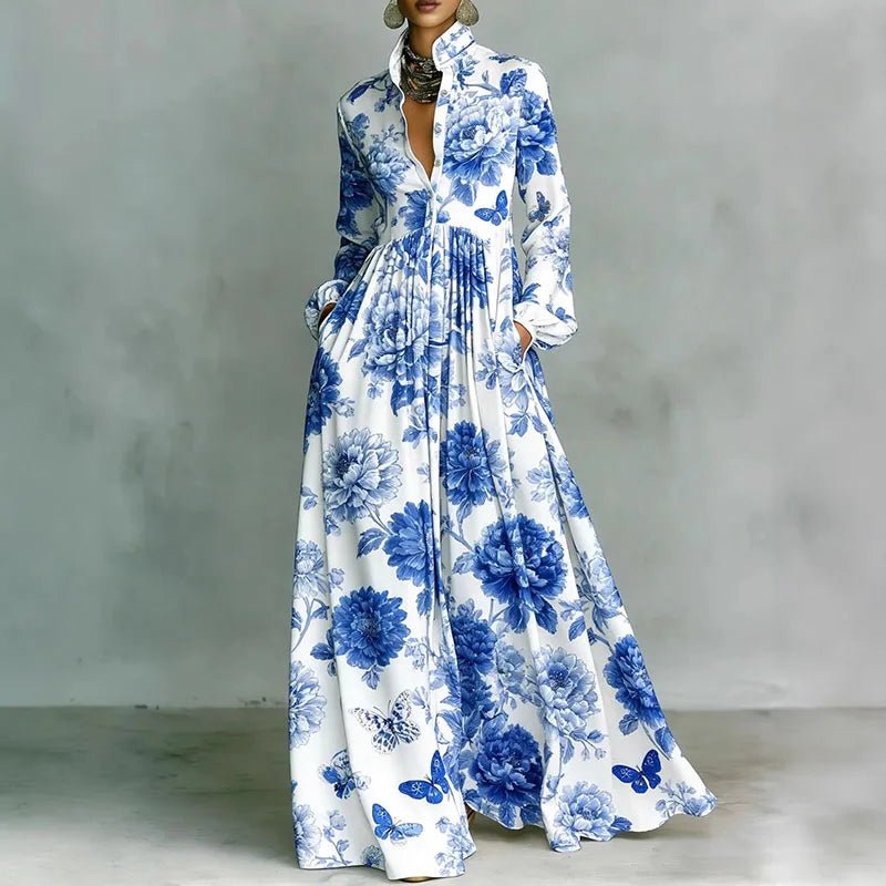 Women's High-Waist Geometric Print Long-Sleeve Shirt Dress - Blue