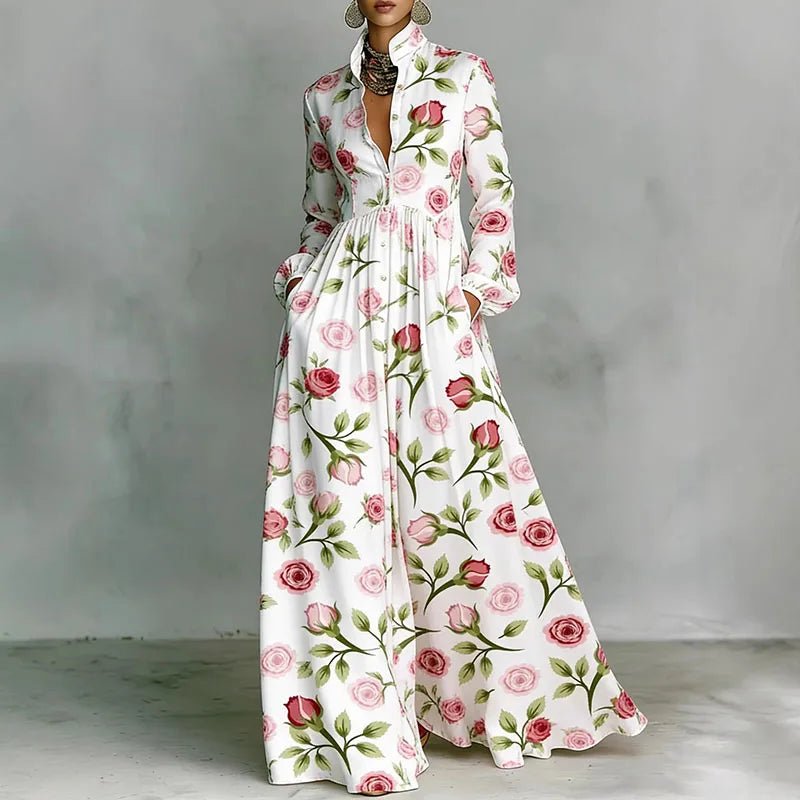 Women's High-Waist Geometric Print Long-Sleeve Shirt Dress - Rose Print