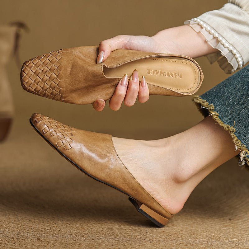 Women's Leather Mules Square Toe Woven Slip-On Flats - Khaki