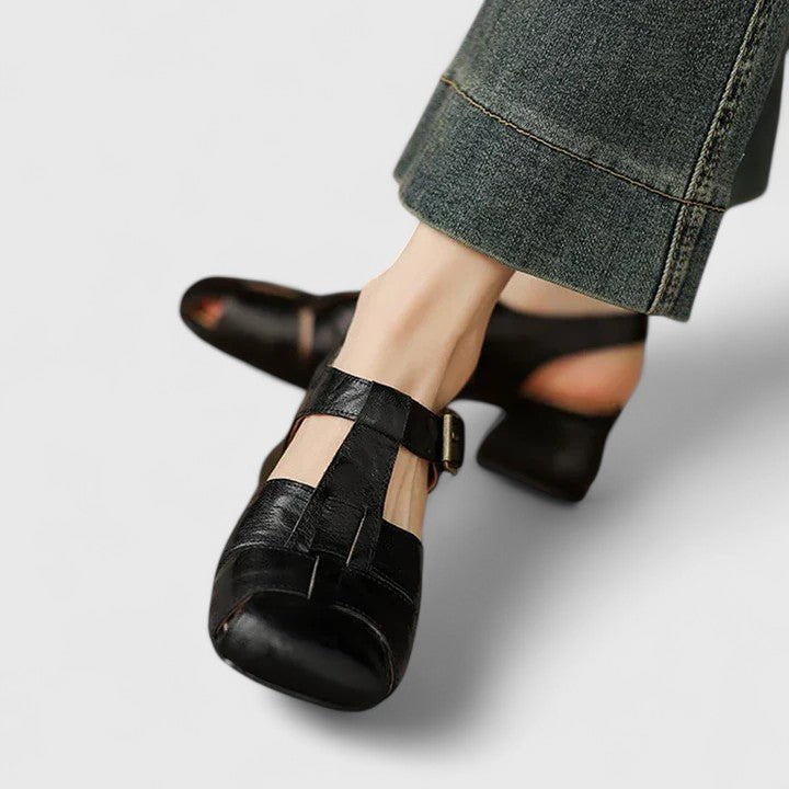 Women's Leather Sandals Square Toe Block Heel Strappy - Black