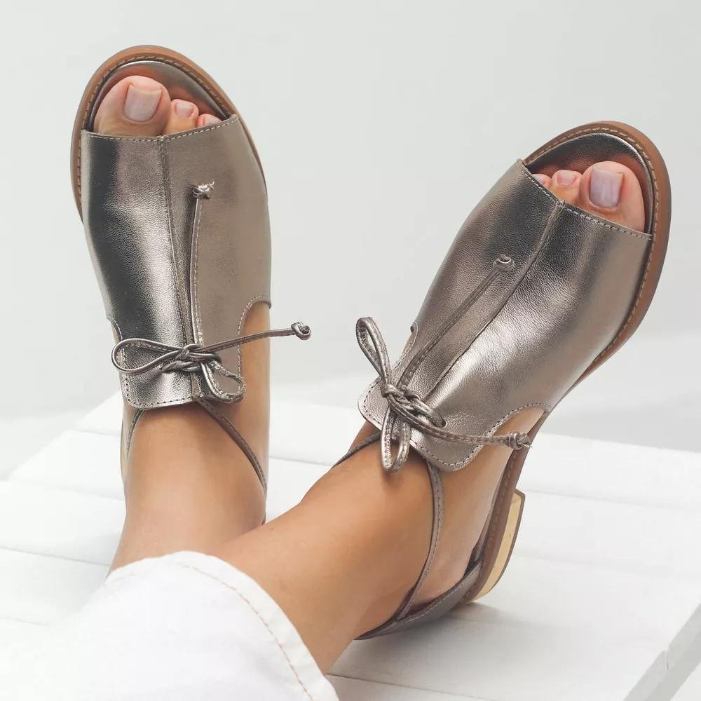 Women's Leather Strap Sandals Adjustable Bow Tie Open Toe - Champagne