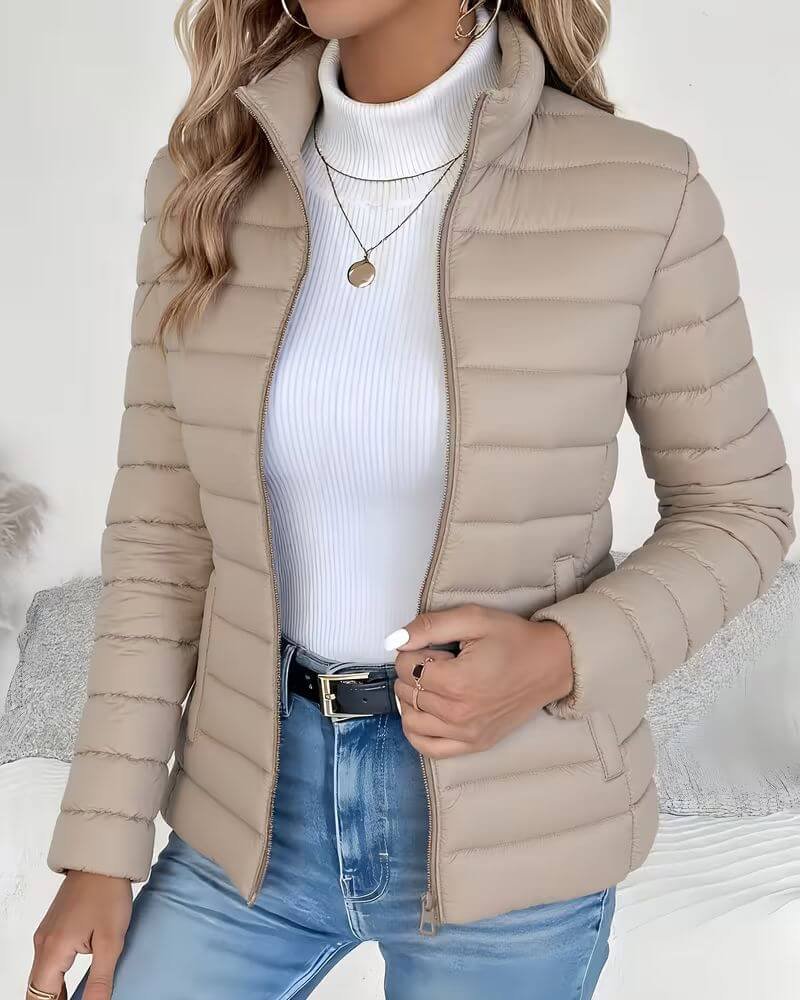 Women's Lightweight Quilted Stand-Collar Puffer Jacket - Beige