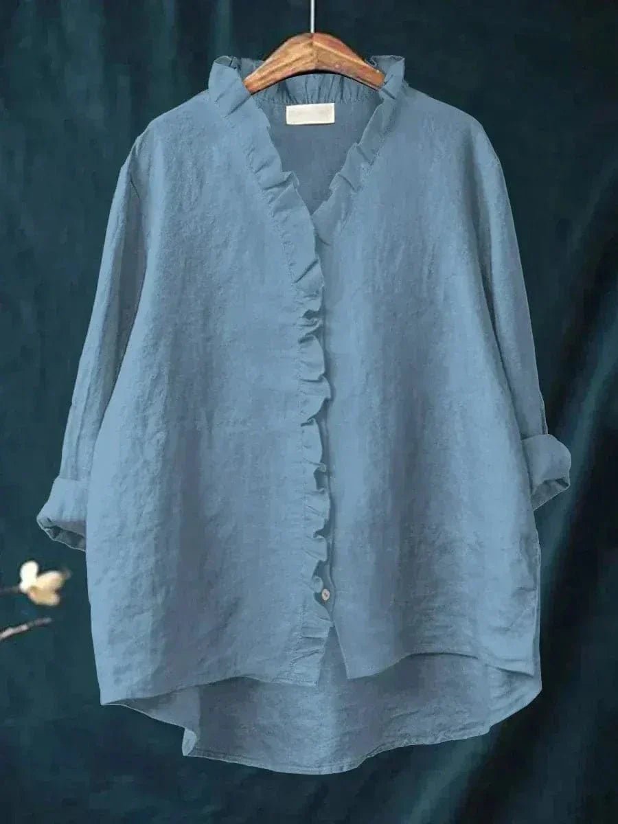 Women's Linen Ruffle Blouse Relaxed Fit Breathable Summer - Blue