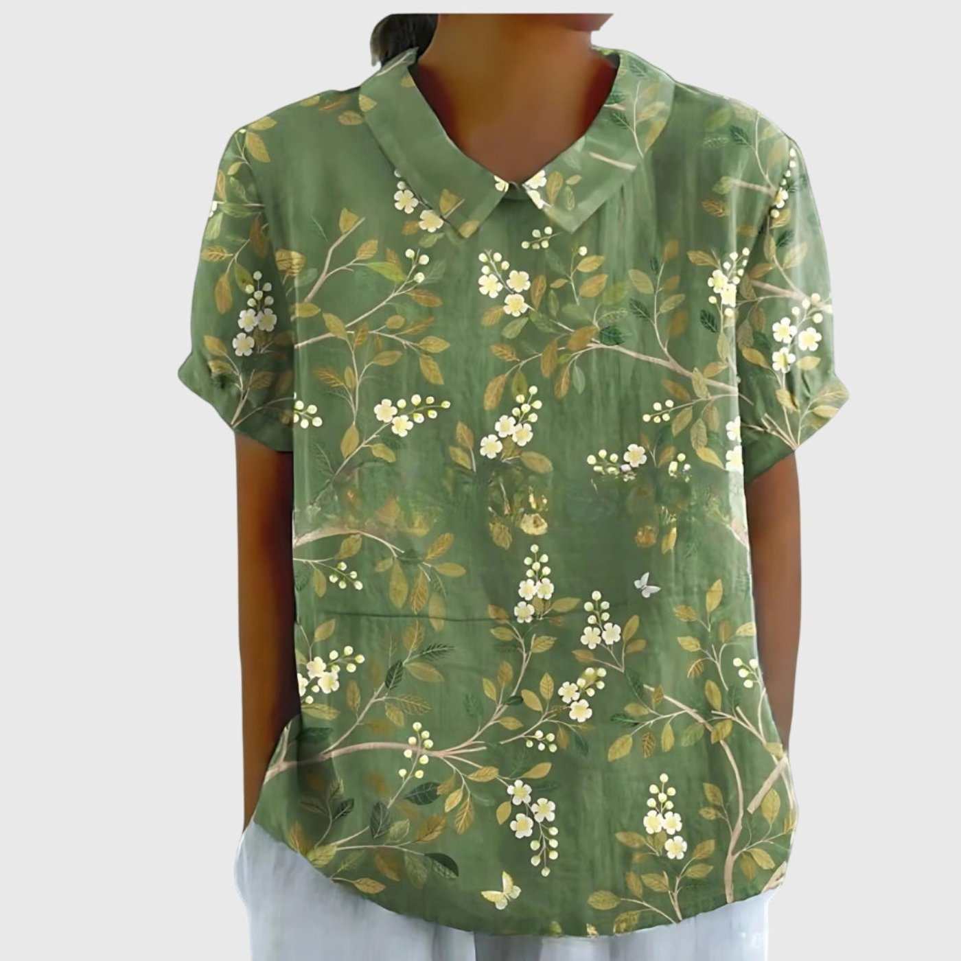 Women's Linen Short Sleeve Collared Blouse Relaxed Fit - Green