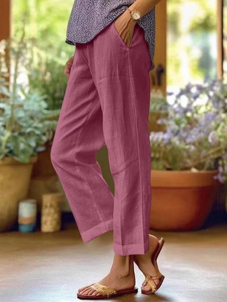 Women's Linen Tapered Cropped Cuffed Pants - Mauve