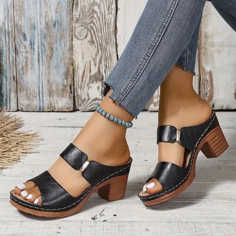 Women's Orthopedic Cushioned Block Heel Sandals - Black