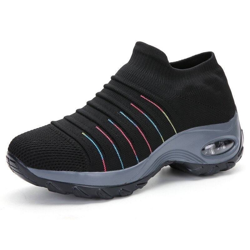 Women's Orthopedic Slip-On Sneakers Air Cushion - Black (Colored Stripes)