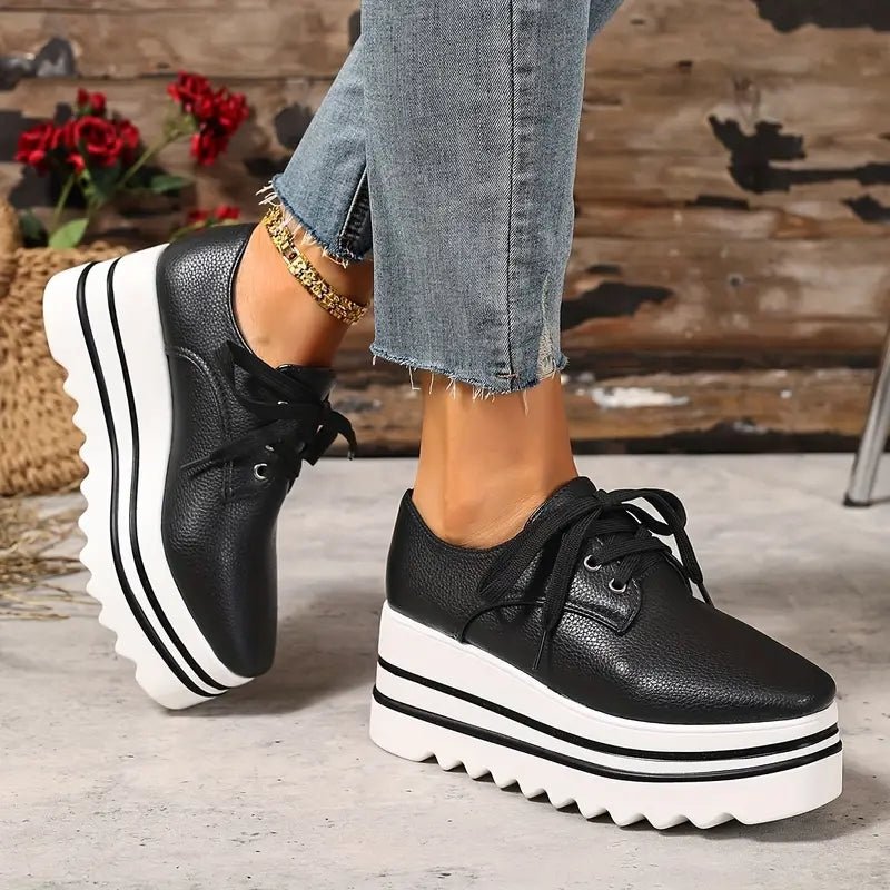 Women's Platform Oxford Shoes Lace Up Wedge Sneakers - Black