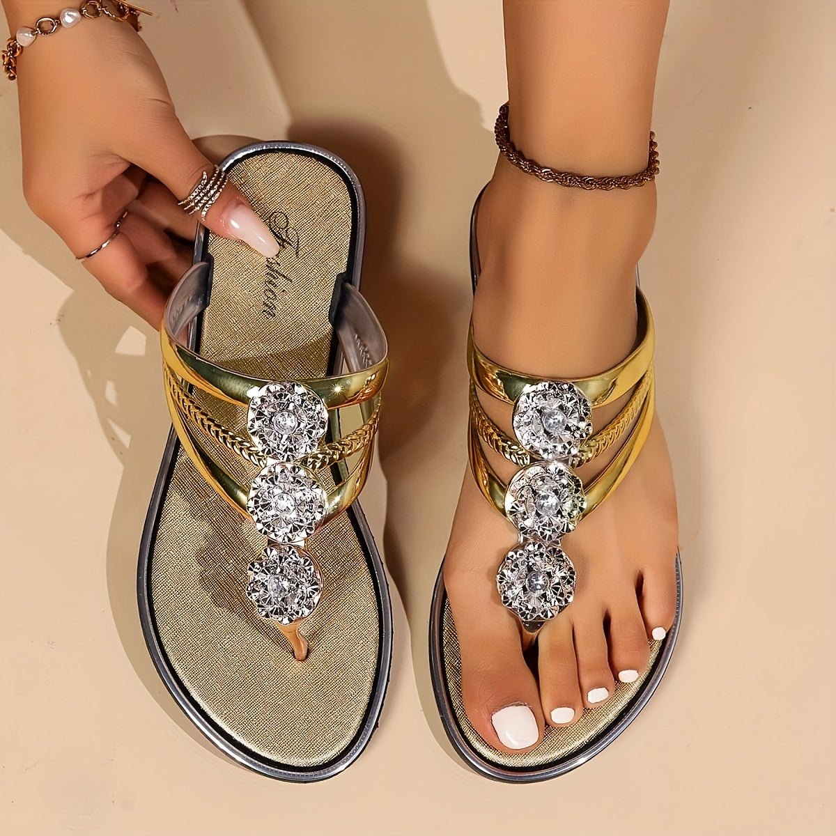 Women's Rhinestone T-Strap Flat Sandals Slip-On - Gold