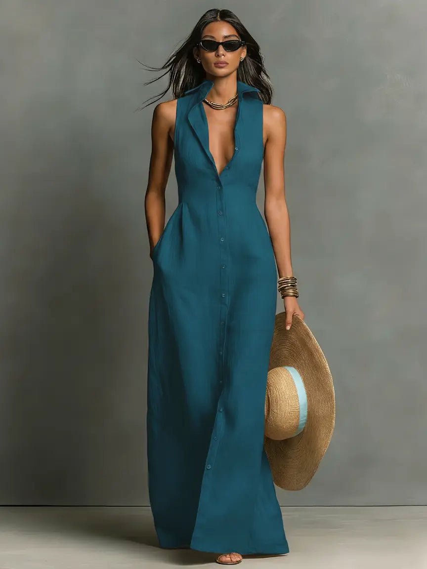 Women's Sleeveless Collared Linen Button-Front Maxi Dress - Teal Blue