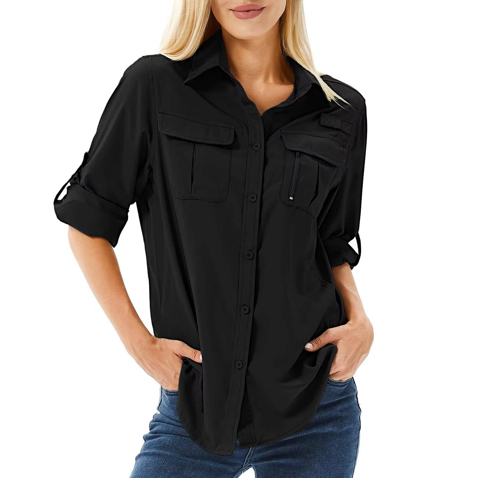 Women's UPF 50 Long Sleeve Hiking Shirt Roll-Up Safari - Black