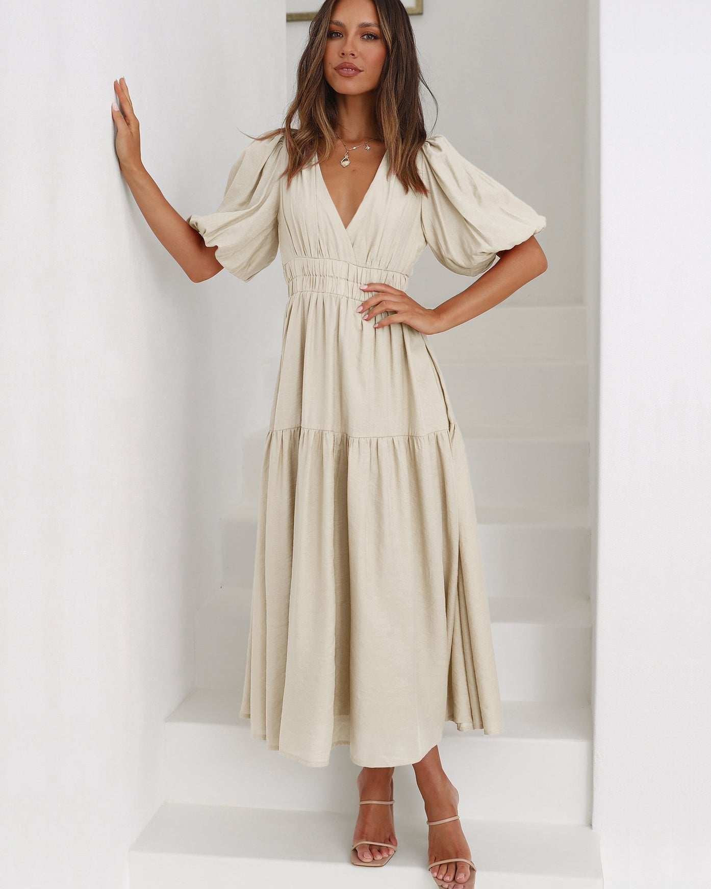 Women's V-Neck Puff Sleeve Midi Dress Smocked Waist - Cream