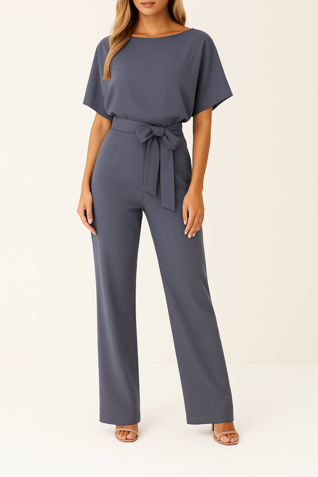 Women's Wide Leg Jumpsuit Short Sleeve Belted - Grau