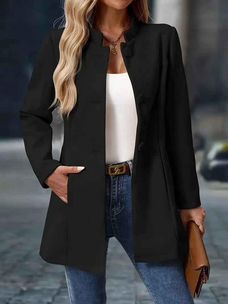 Women's Wool Blend Coat Stand Collar Button Front Mid-Length - Black