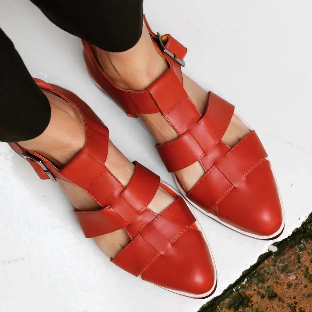 Women's Woven Flat Sandals Buckle Strap Closed Toe - Red