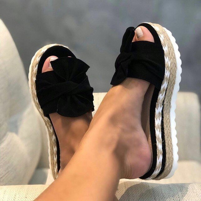 Women's Woven Wedge Sandals Bow Detail Platform - Black